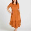 Clothing Sass Clothing | Zahlia Short Sleeve Midi Tiered Lyocell Dress Sandy Tan