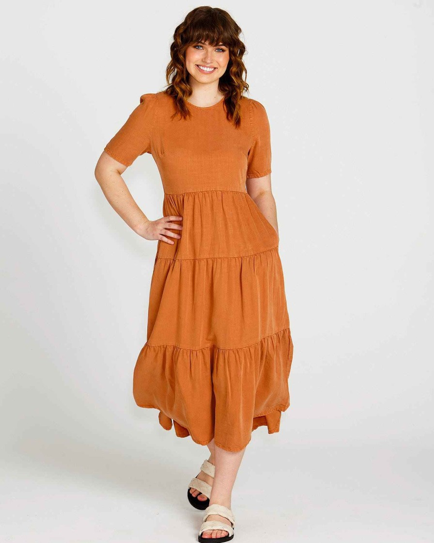 Clothing Sass Clothing | Zahlia Short Sleeve Midi Tiered Lyocell Dress Sandy Tan