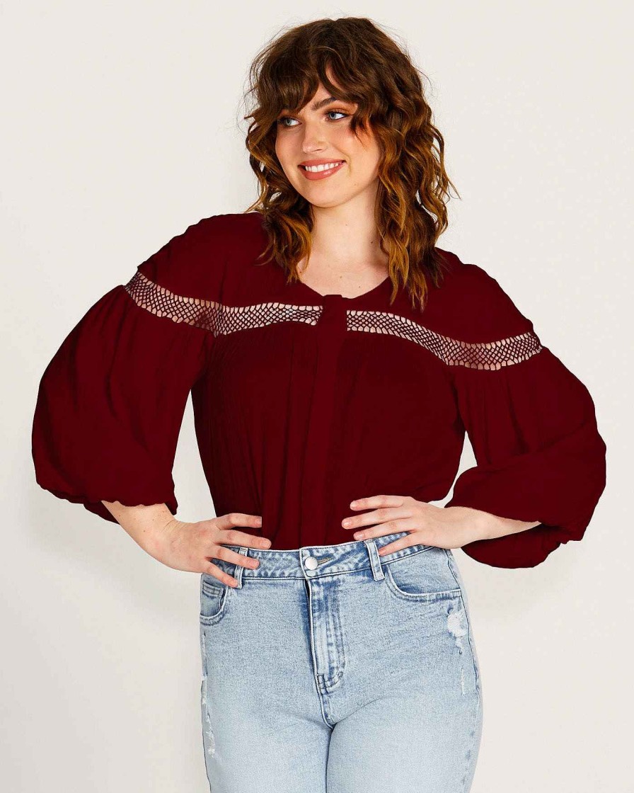 Clothing Sass Clothing | Rava Boho 3/4 Sleeve Top Wine