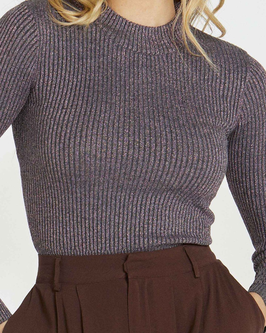 Clothing Sass Clothing | Madeline Lurex Knit Top Charcoal Pink