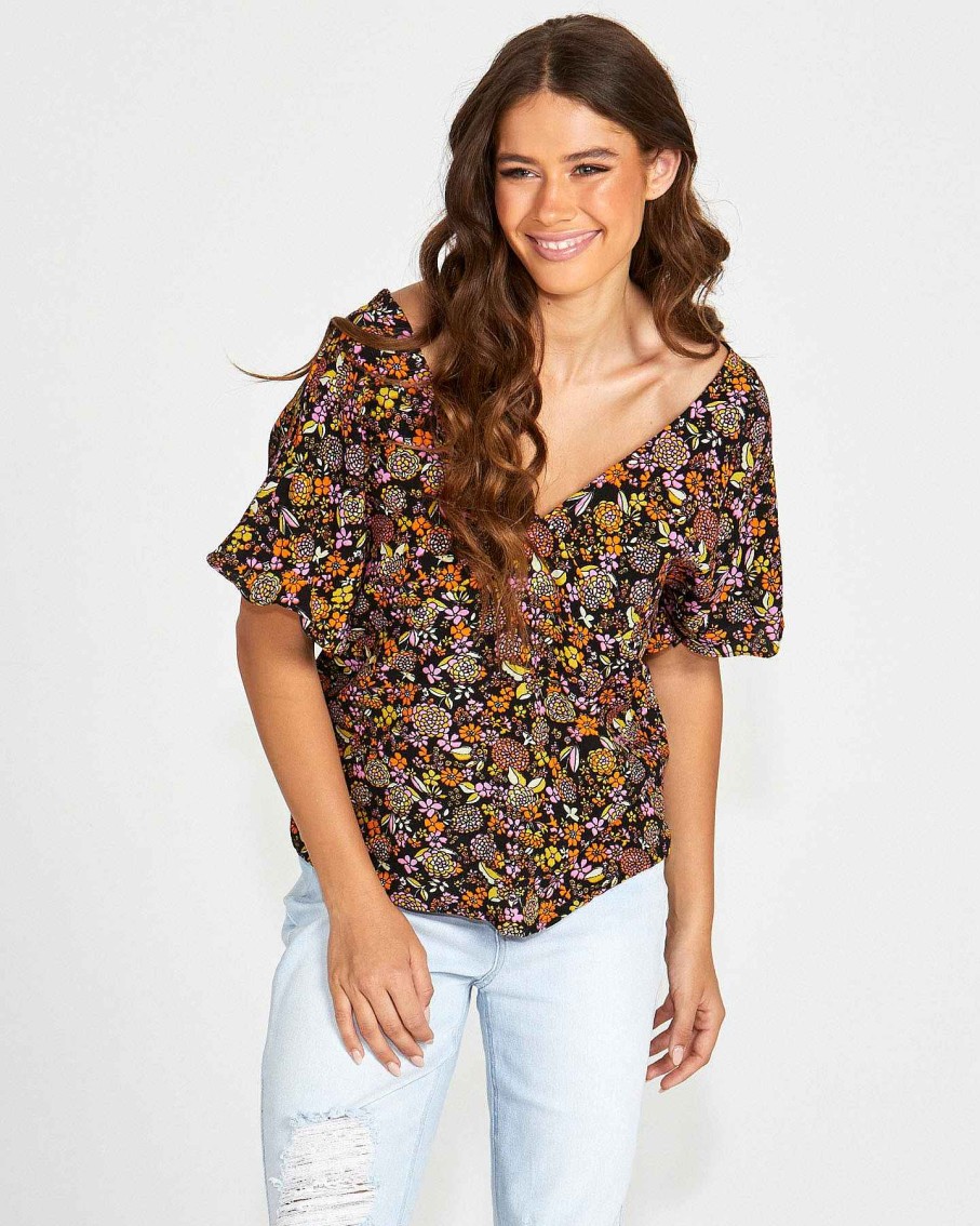 Clothing Sass Clothing | Lilith V-Neck Top Black Floral