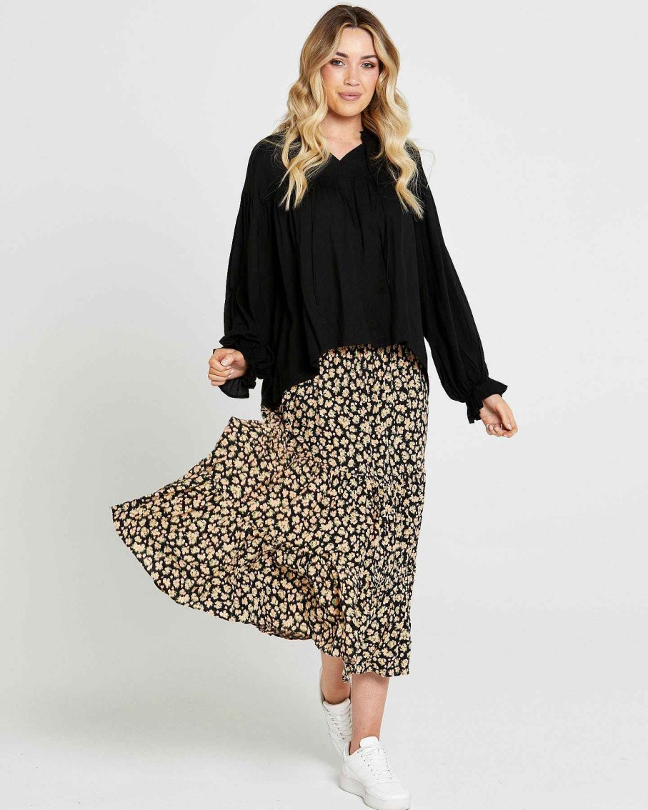 Clothing Sass Clothing | Tegan Tiered Boho Midi Skirt Black Floral Ditsy