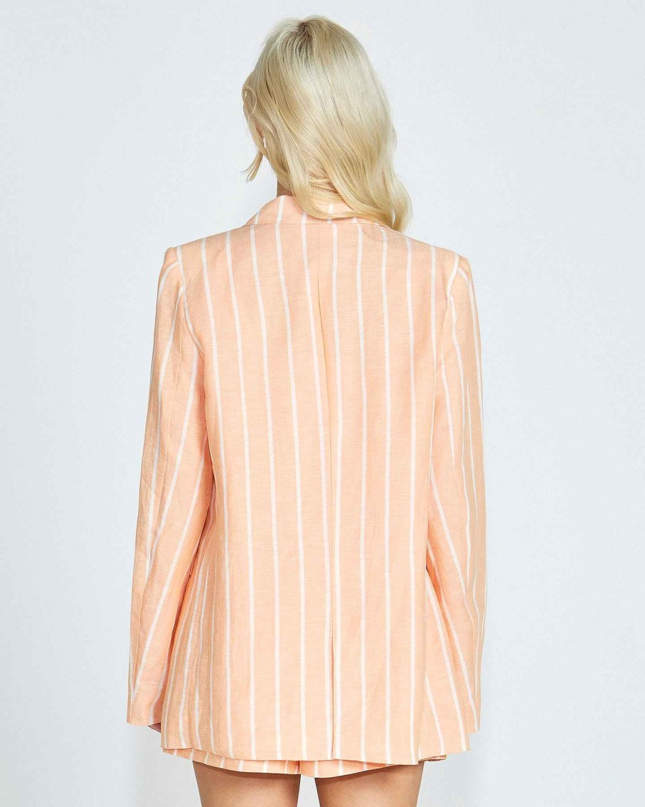 Clothing Sass Clothing | Lydia Striped Double Breasted Linen-Blend Blazer Peach Stripe