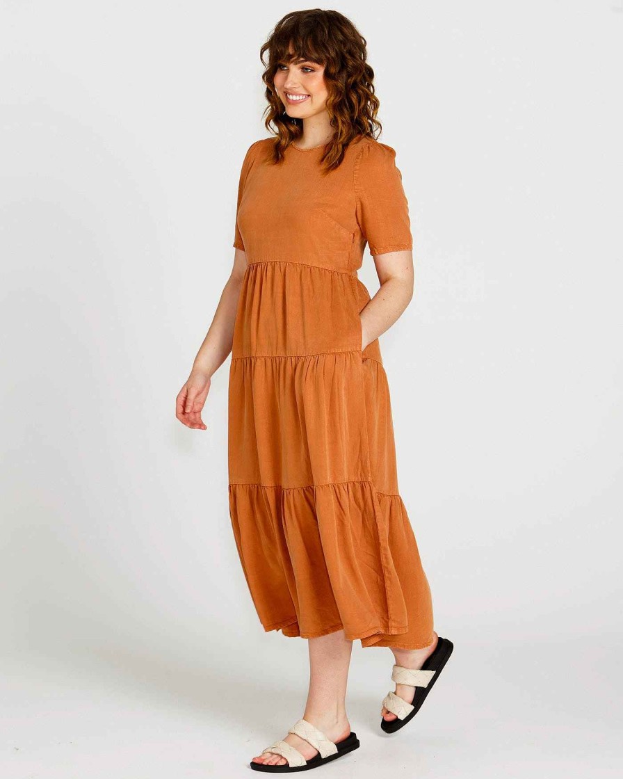 Clothing Sass Clothing | Zahlia Short Sleeve Midi Tiered Lyocell Dress Sandy Tan