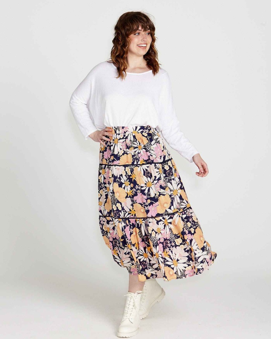 Clothing Sass Clothing | Montana Tiered Skirt Navy Floral