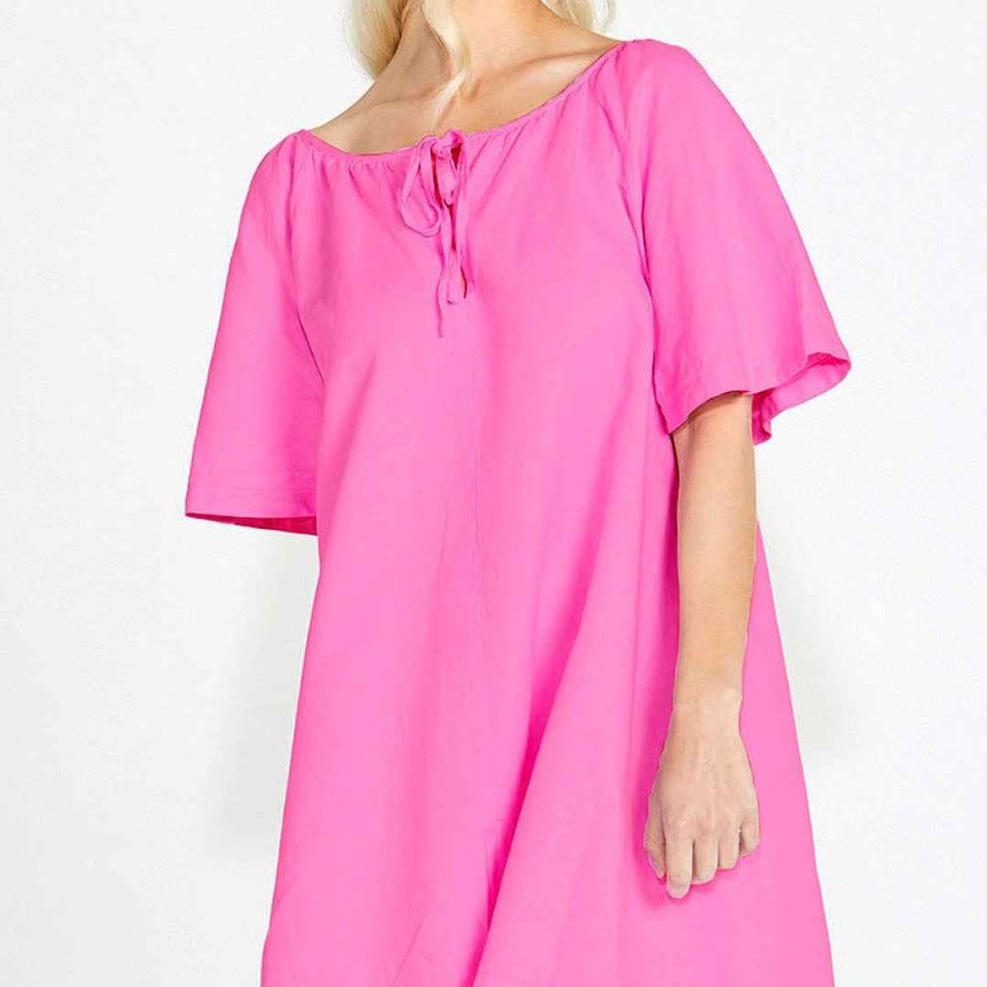 Clothing Sass Clothing | Aria Tie Back Flutter Sleeve Cotton/Linen Mini Dress Pink