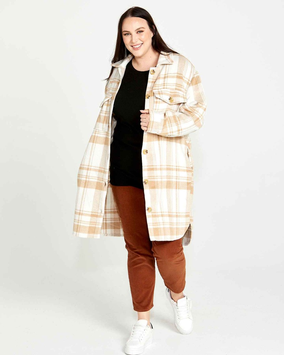 Clothing Sass Clothing | Vicky Check Shacket Tan Check