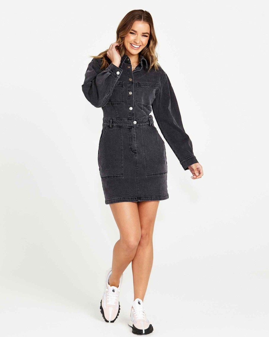 Clothing Sass Clothing | Gabrielle Denim Long Sleeve Dress 82 Wash