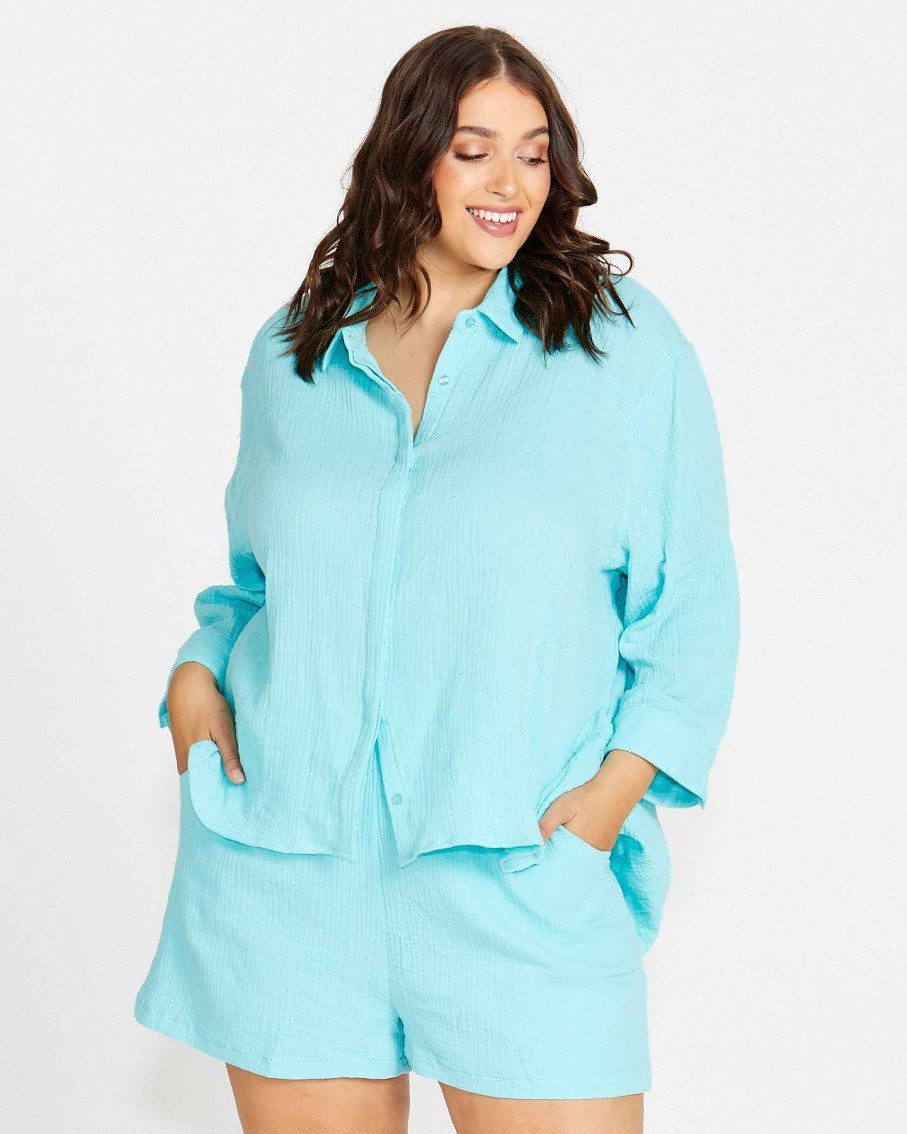 Clothing Sass Clothing | Felix Oversized Shirt Aqua