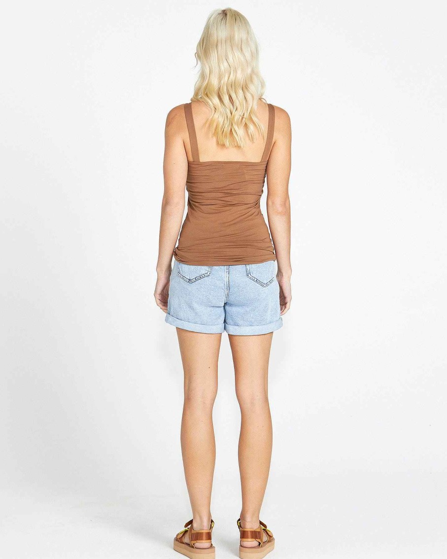 Clothing Sass Clothing | Kate Stretchy V Neck Basic Cotton Tank Brown Chocolate