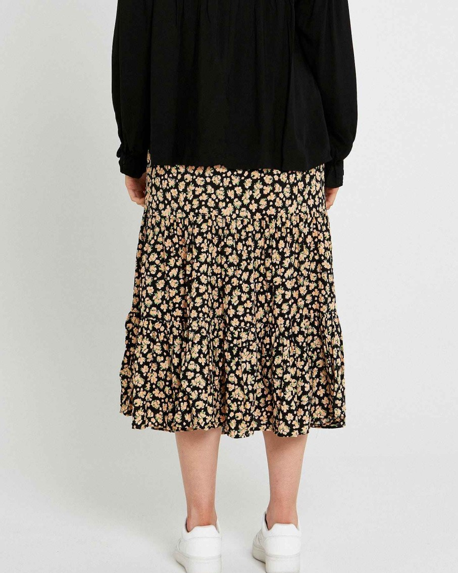 Clothing Sass Clothing | Tegan Tiered Boho Midi Skirt Black Floral Ditsy