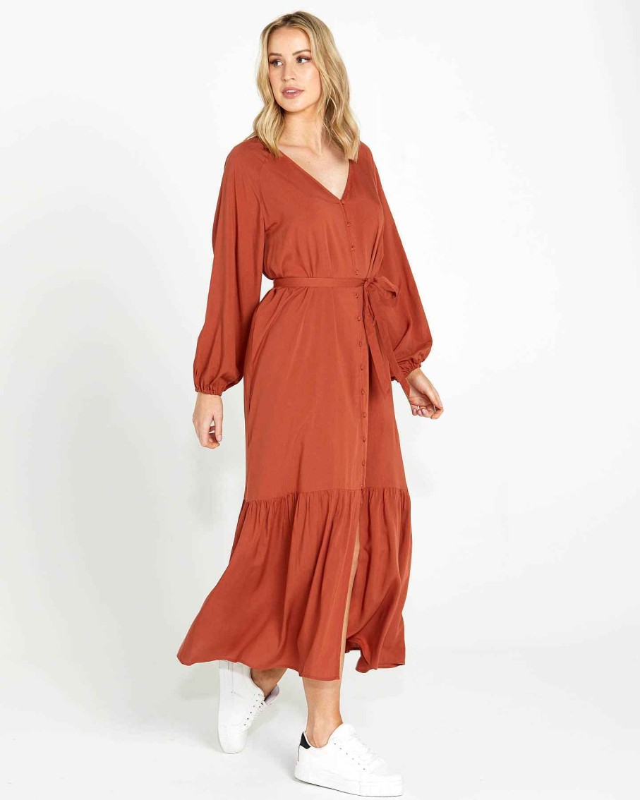 Clothing Sass Clothing | Brigitte Balloon Sleeve Maxi Dress Chestnut