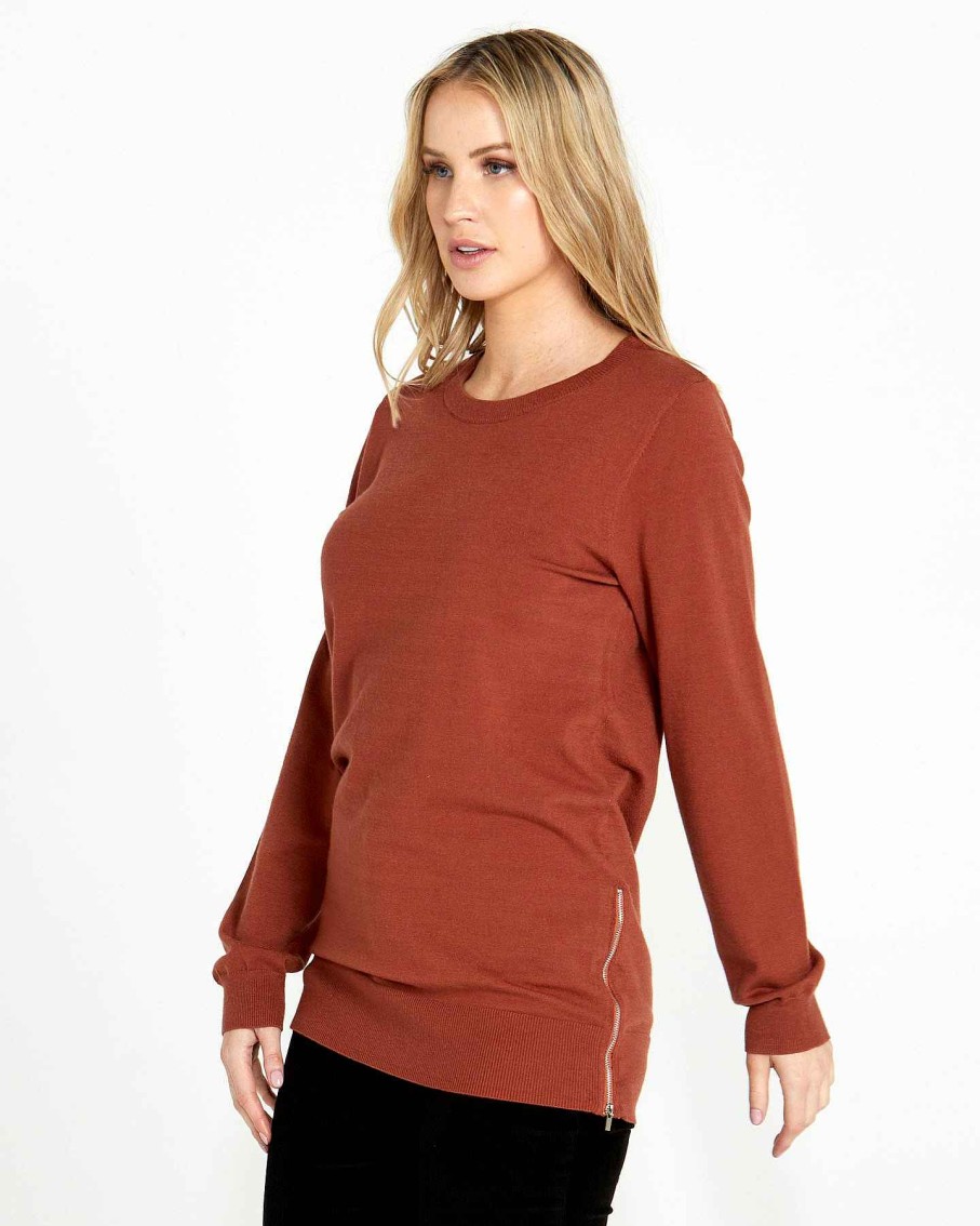 Clothing Sass Clothing | Peggy Side Zip Knit Top Chestnut