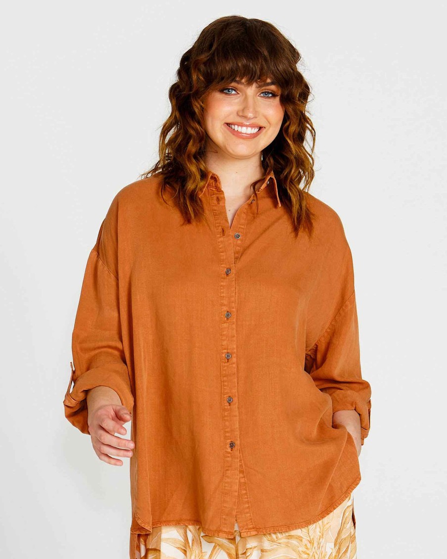 Clothing Sass Clothing | Zahlia Oversized Button-Up Lyocell Shirt Sandy Tan