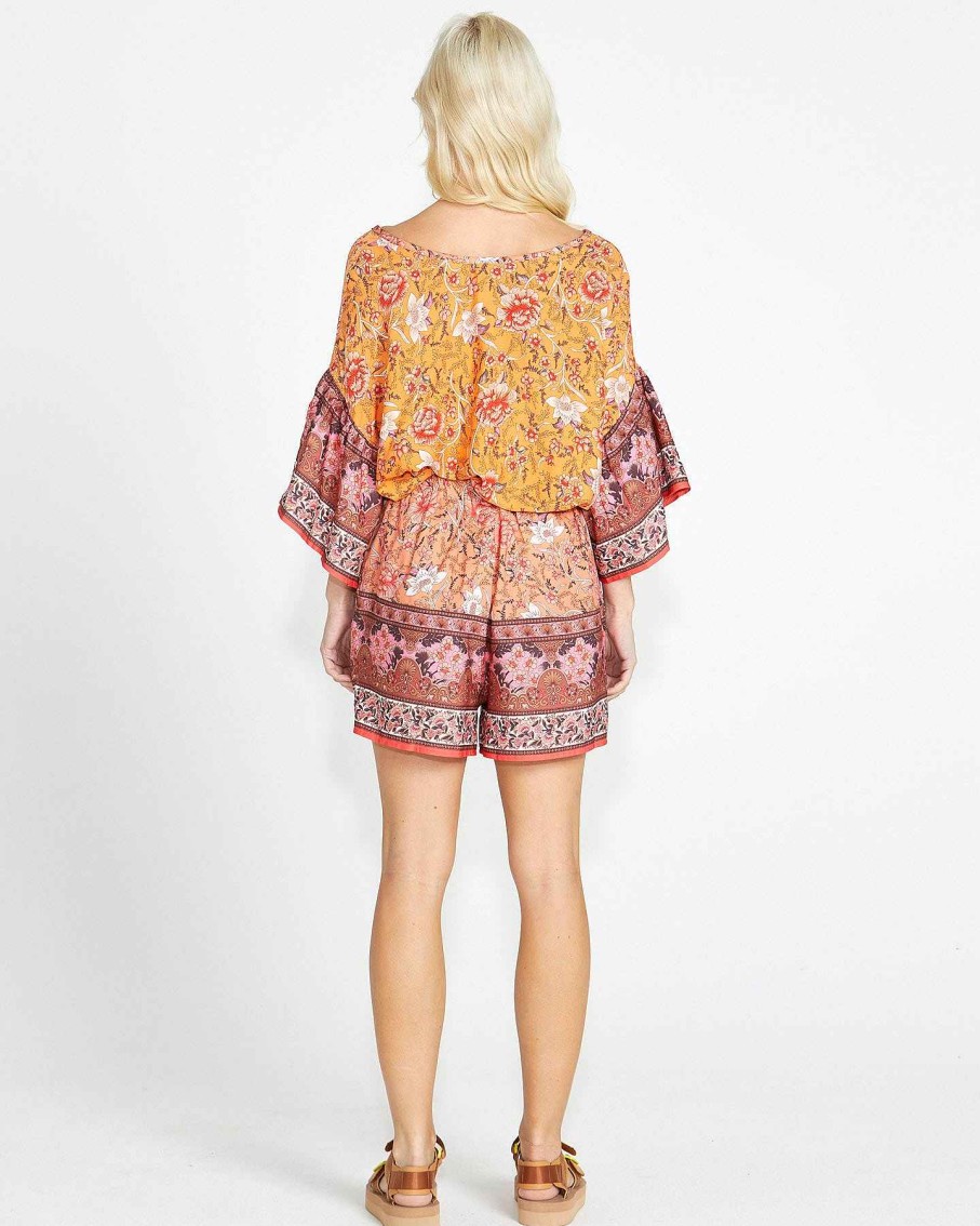 Clothing Sass Clothing | Dawn Shell Oversized Frill Sleeve Boho Top Print In Orange/Pink Batik Paisley