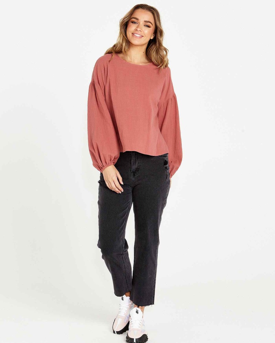 Clothing Sass Clothing | Sonya Puff Sleeve Top Burnt Rose