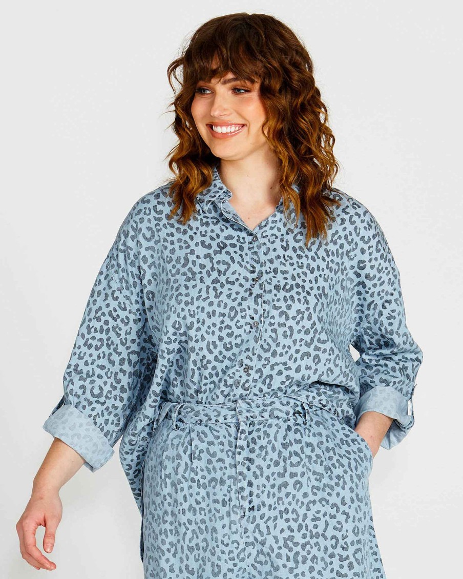 Clothing Sass Clothing | Zahlia Oversized Button-Up Lyocell Shirt - Denim Blue Cheetah Denim Cheetah