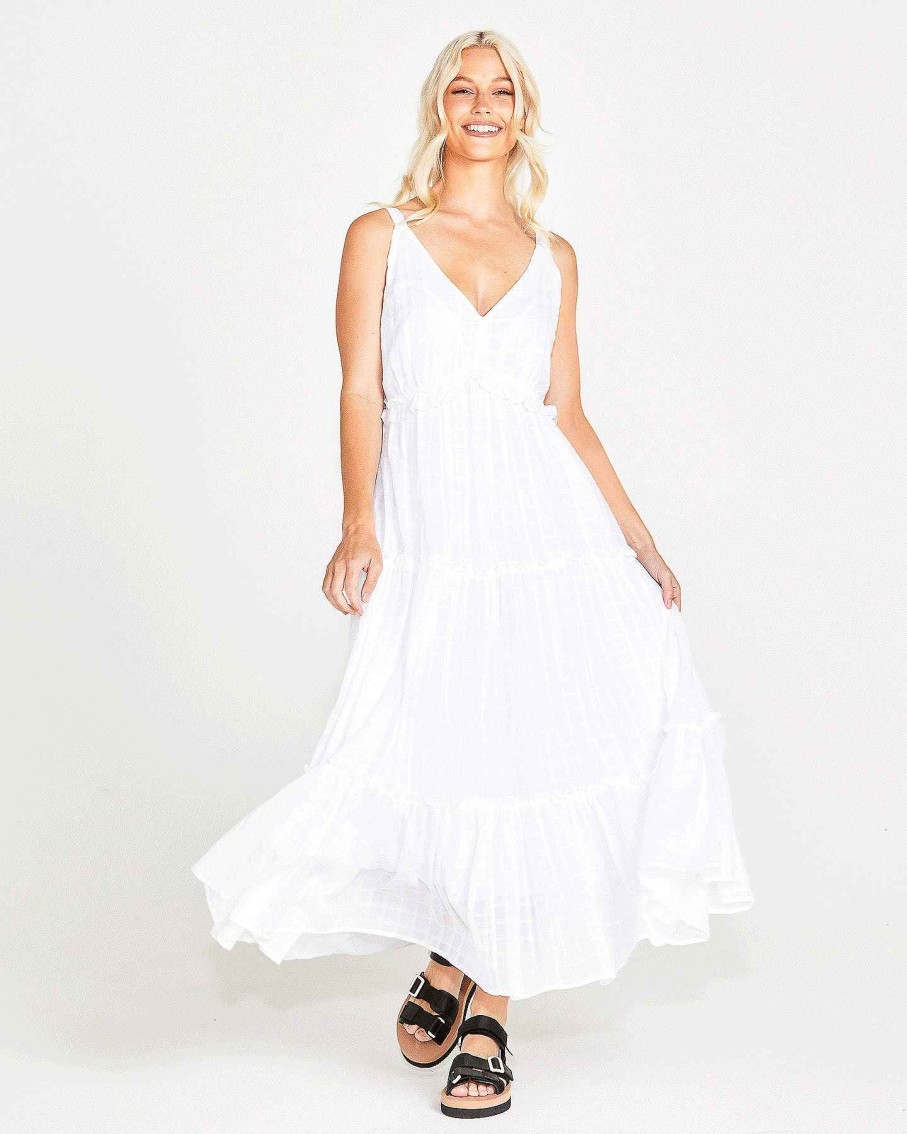 Clothing Sass Clothing | Ruby V-Neck Tiered Cotton Maxi Dress White