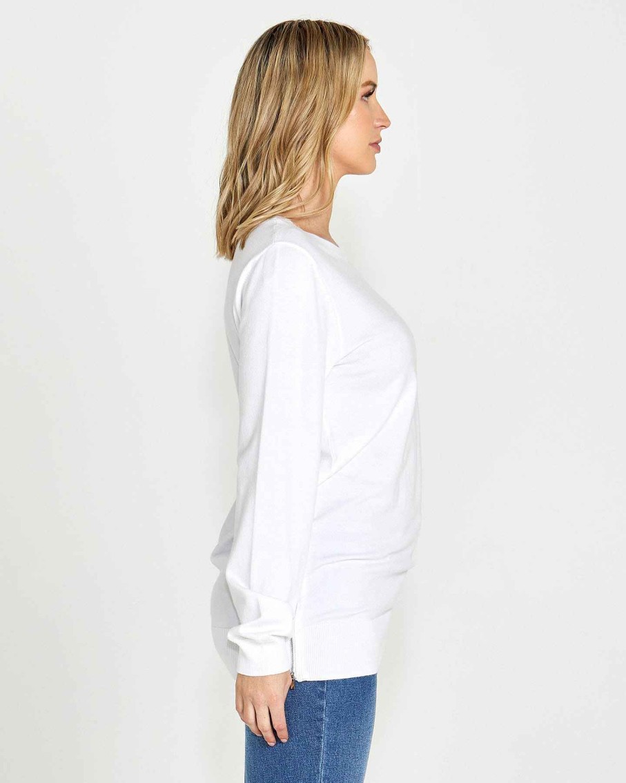 Clothing Sass Clothing | Peggy Side Zip Knit Top White