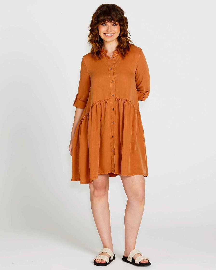 Clothing Sass Clothing | Zahlia Relaxed Tiered Lyocell Shirt Dress Sandy Tan