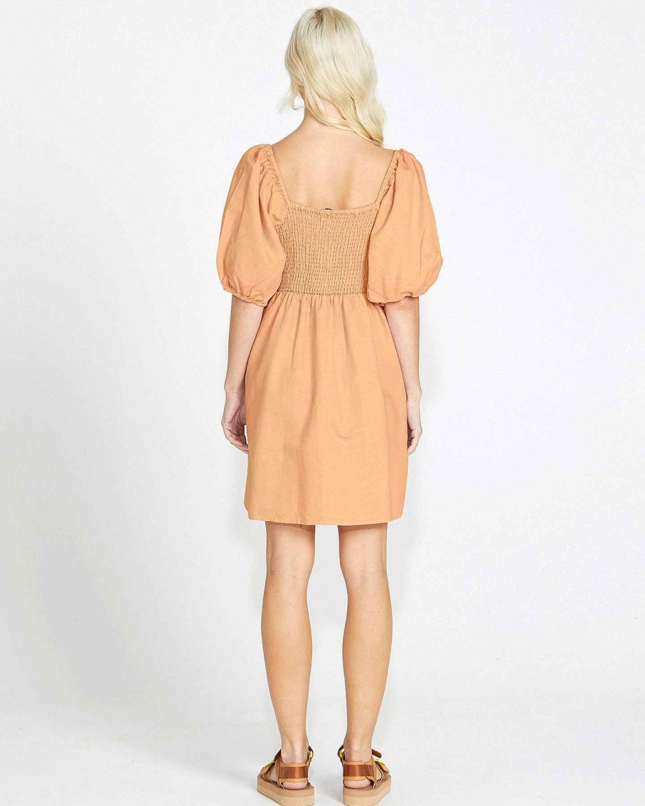 Clothing Sass Clothing | Aria Square Neck Shirred Back Balloon Sleeve Cotton/Linen Mini Dress Tan