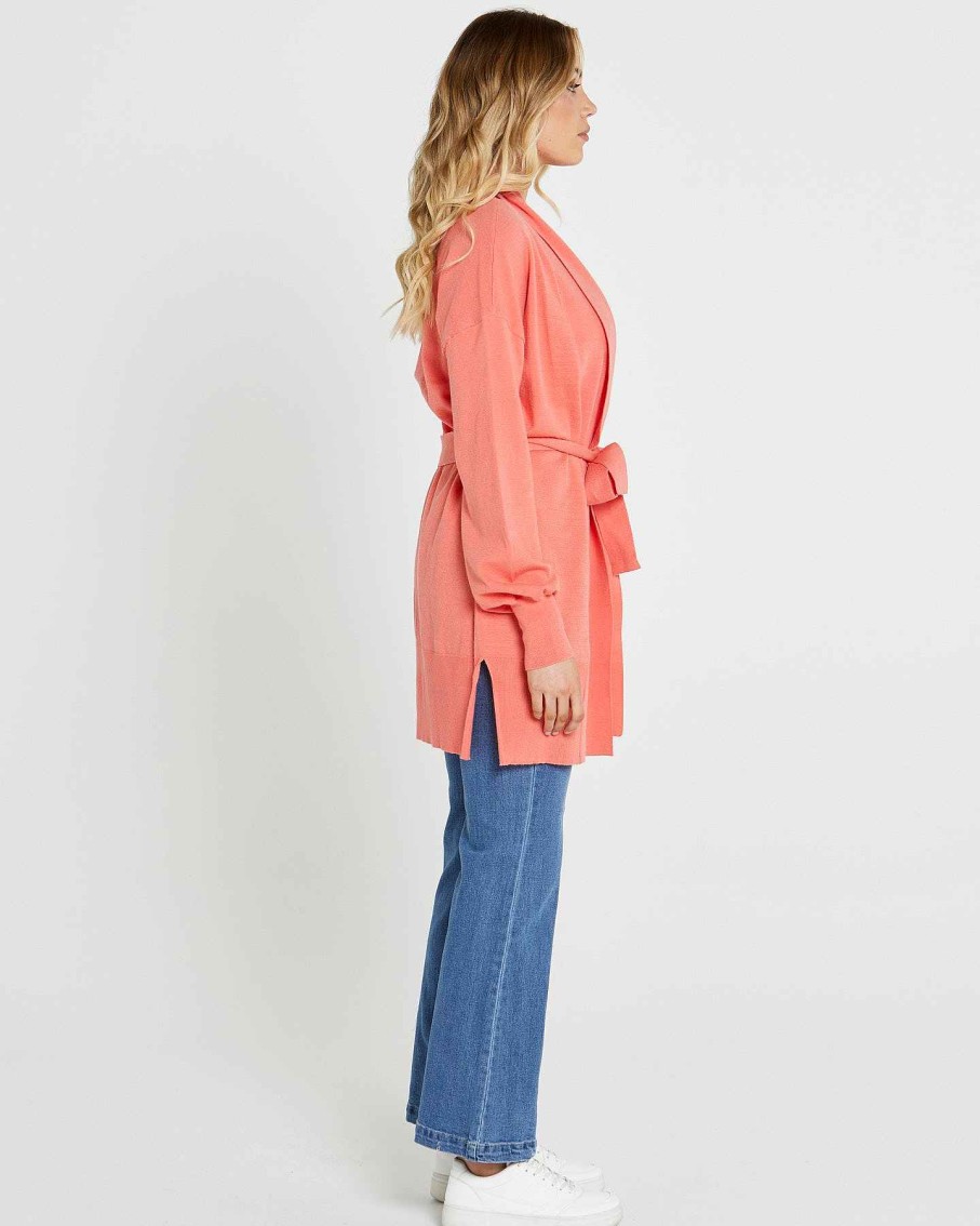 Clothing Sass Clothing | Tabatha Knit Belted Midi Cardi Coral