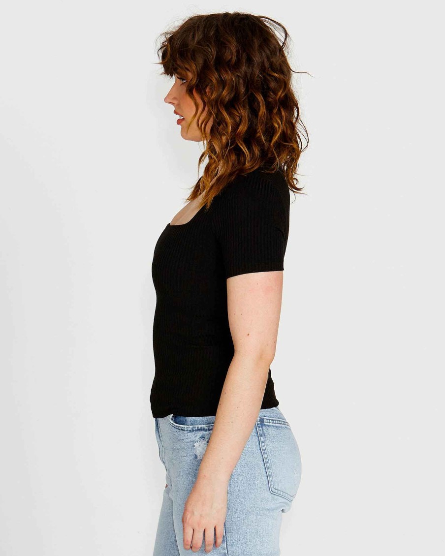 Clothing Sass Clothing | Aubrey Square Neck Short Sleeve Top Black