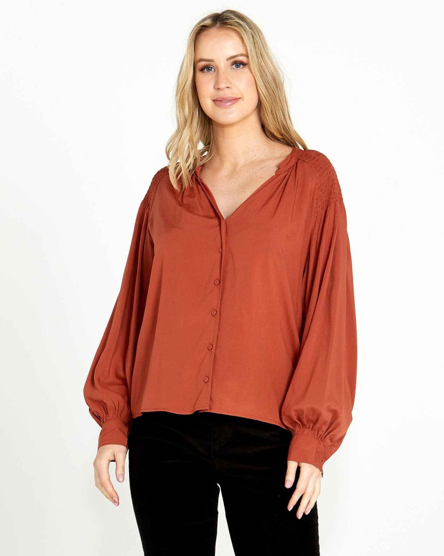 Clothing Sass Clothing | Brigitte Shirred Shoulder Top Chestnut