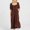 Clothing Sass Clothing | Yasmin Frill Hem Midi Dress Chocolate