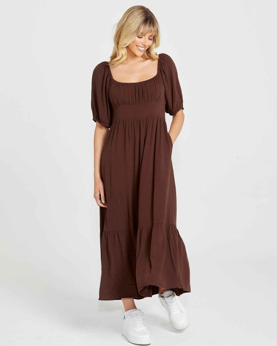 Clothing Sass Clothing | Yasmin Frill Hem Midi Dress Chocolate