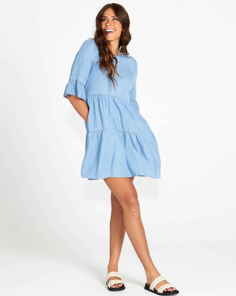 Clothing Sass Clothing | Willow Tiered Mini Dress Blue Wash