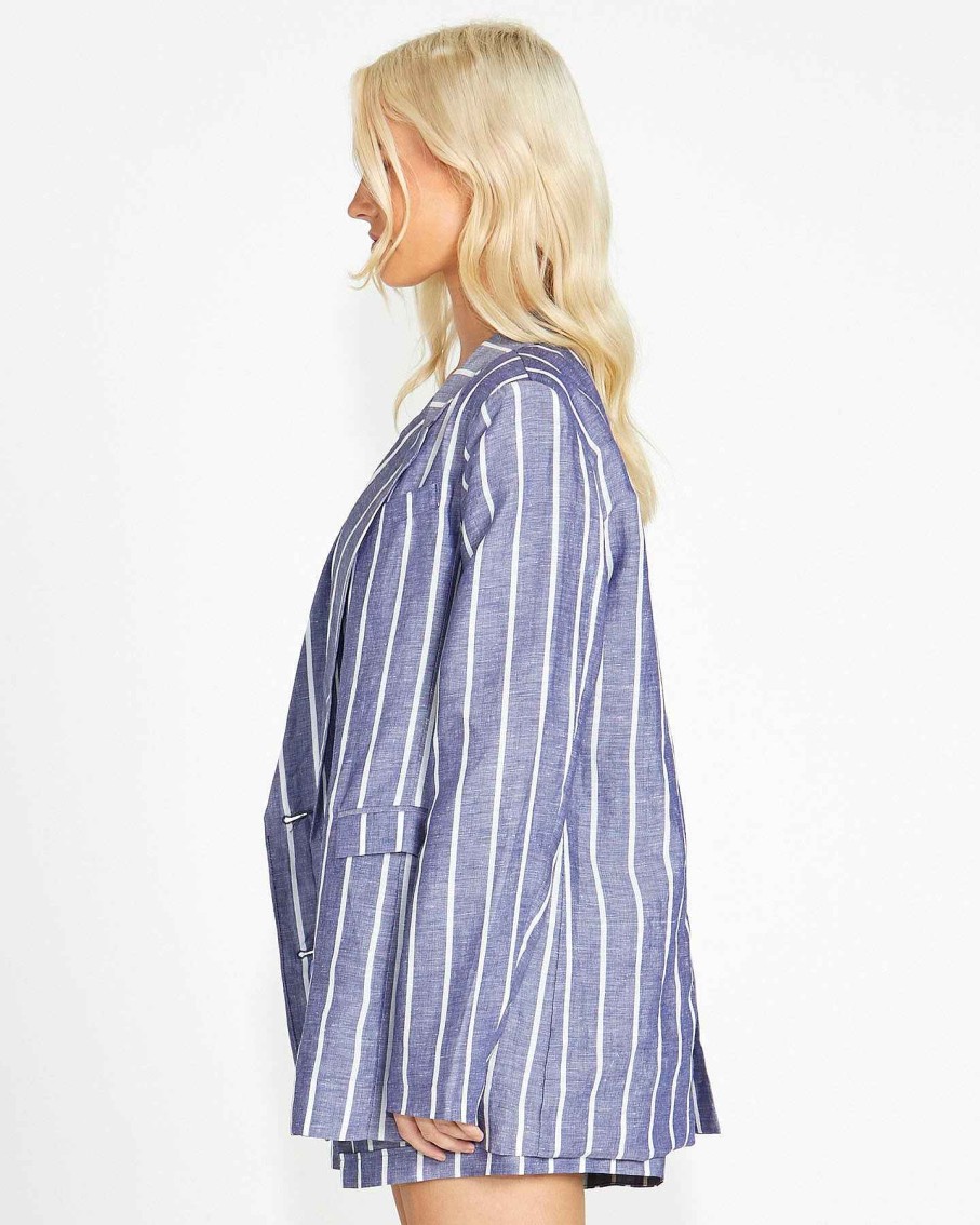 Clothing Sass Clothing | Lydia Striped Double Breasted Linen-Blend Blazer Navy Stripe