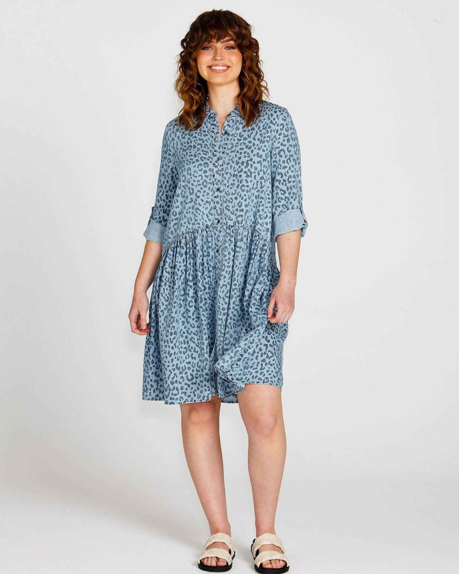 Clothing Sass Clothing | Zahlia Relaxed Tiered Lyocell Shirt Dress - Denim Blue Cheetah Denim Cheetah