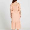 Clothing Sass Clothing | Violet Puff Sleeve Shirred Cotton Midi Dress Muted Peach