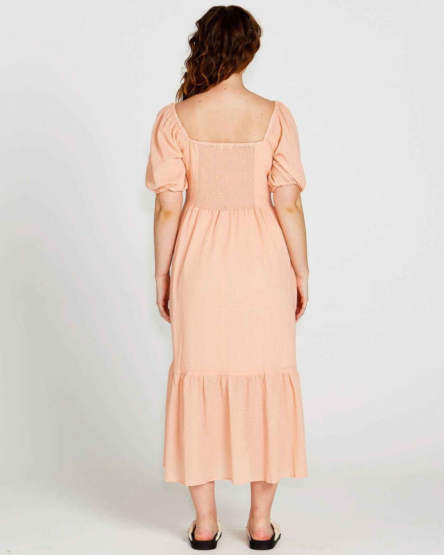 Clothing Sass Clothing | Violet Puff Sleeve Shirred Cotton Midi Dress Muted Peach