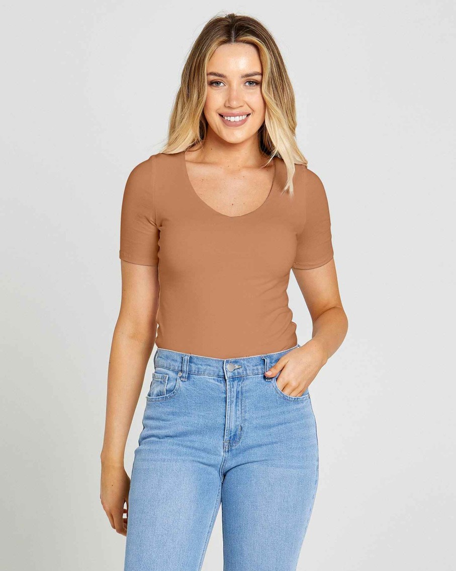 Clothing Sass Clothing | Claire V-Neck Tee Mocha Brown