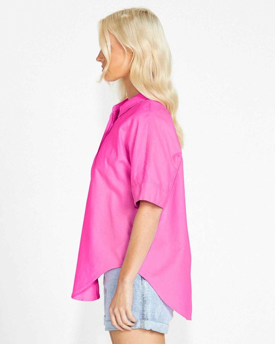 Clothing Sass Clothing | Aria Short Sleeve Button Up Cotton/Linen Shirt Pink