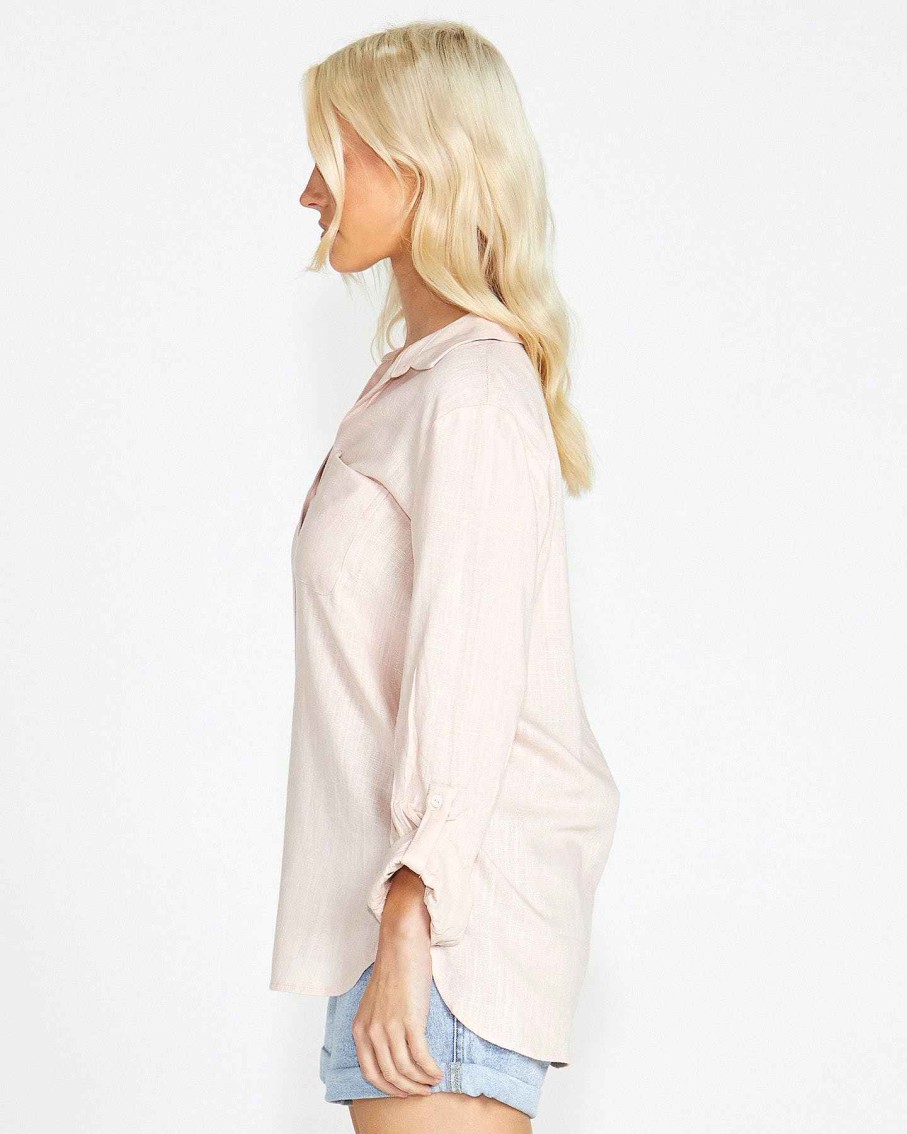 Clothing Sass Clothing | Taylor Long Sleeve Button Up Linen-Blend Shirt Pink Blush