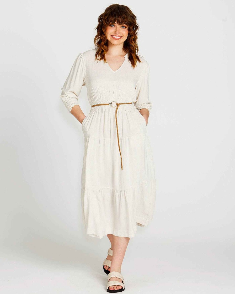 Clothing Sass Clothing | Portia Elastic Waist Tiered Midi Flowy Dress Beige Oatmeal