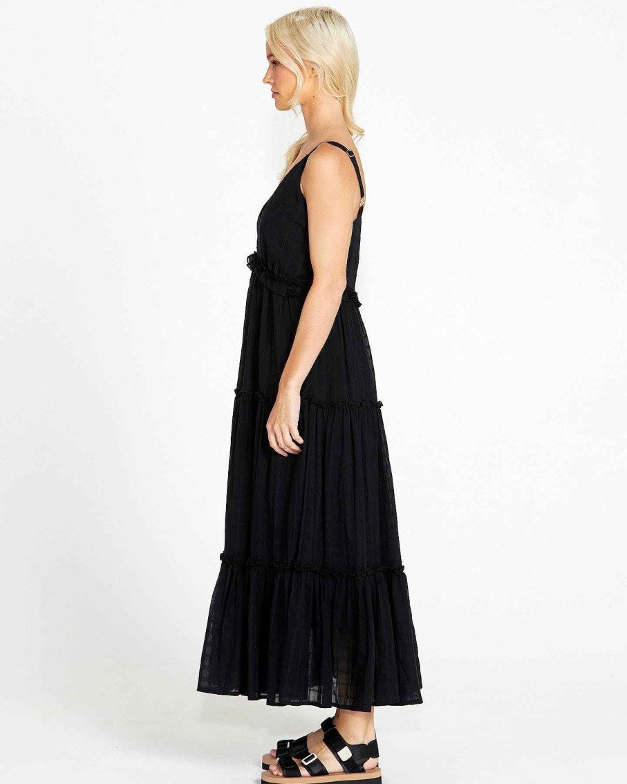 Clothing Sass Clothing | Ruby V-Neck Tiered Cotton Maxi Dress Black