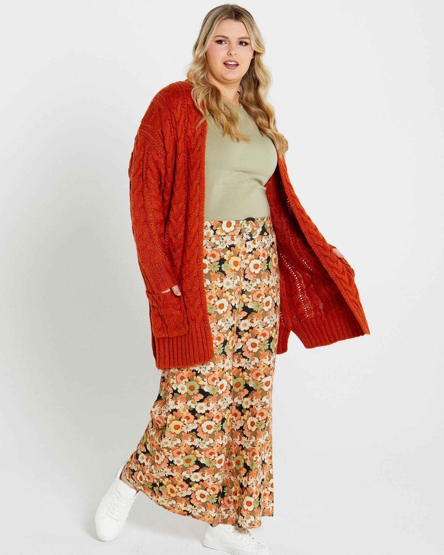 Clothing Sass Clothing | Erin Cable Knit Cardi Burnt Orange