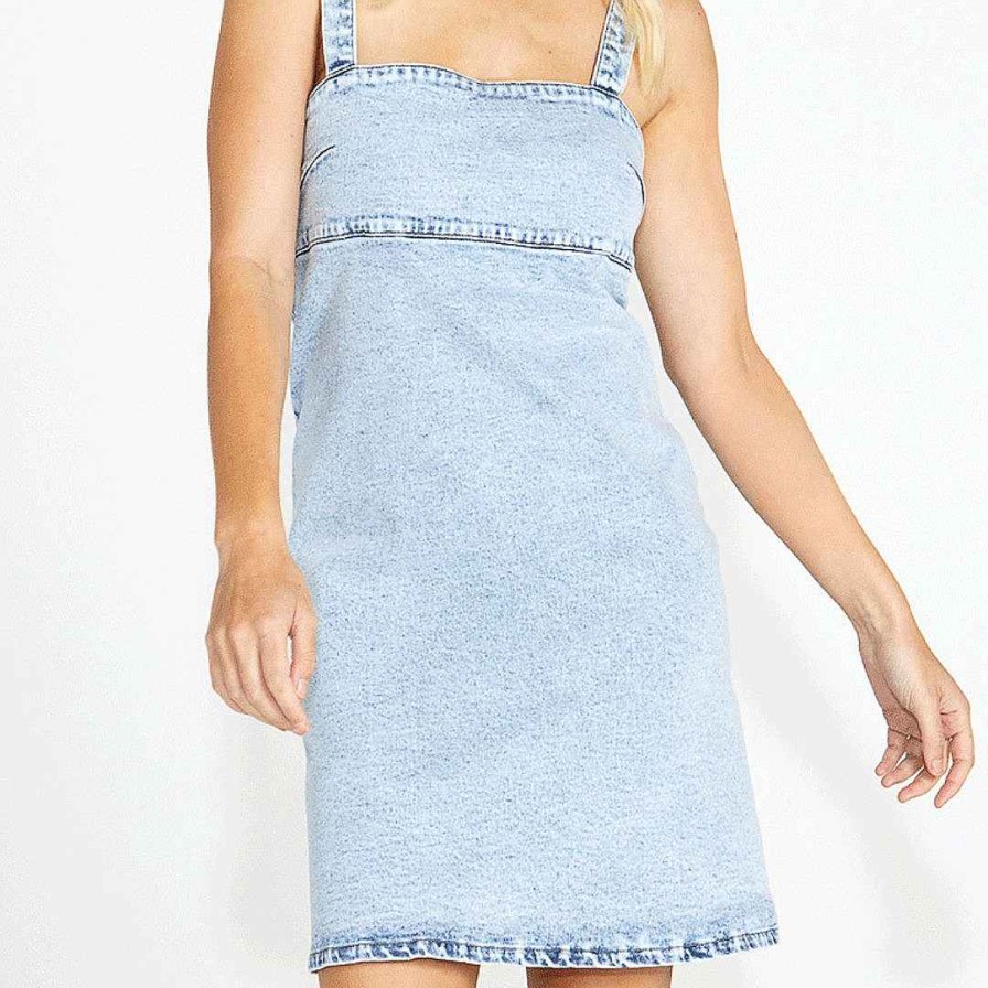 Clothing Sass Clothing | Deja Denim Fitted A-Line Mini Dress Pale Blue Stone 95 Wash