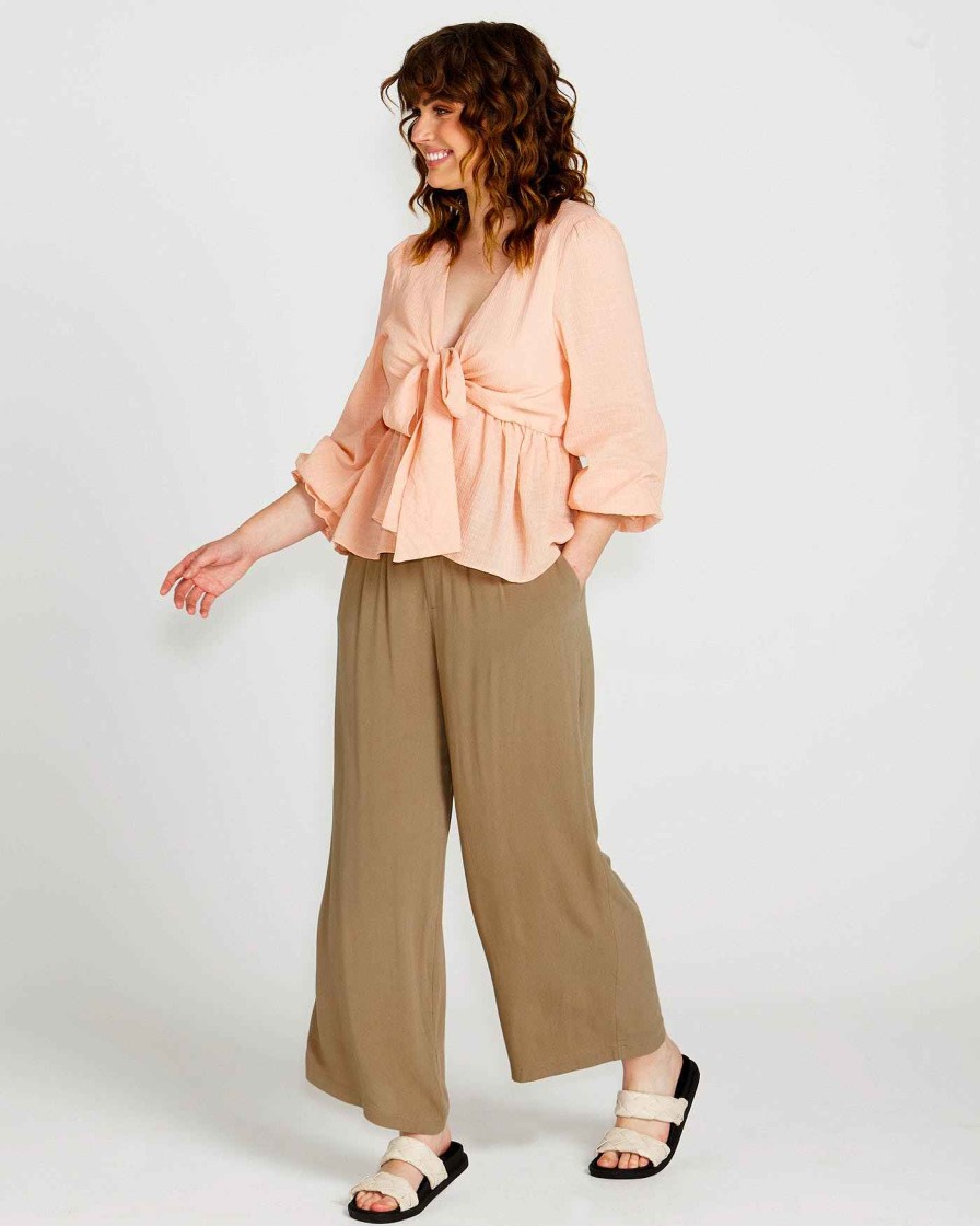 Clothing Sass Clothing | Portia Elasticated Wide Leg Linen-Blend Pants Khaki