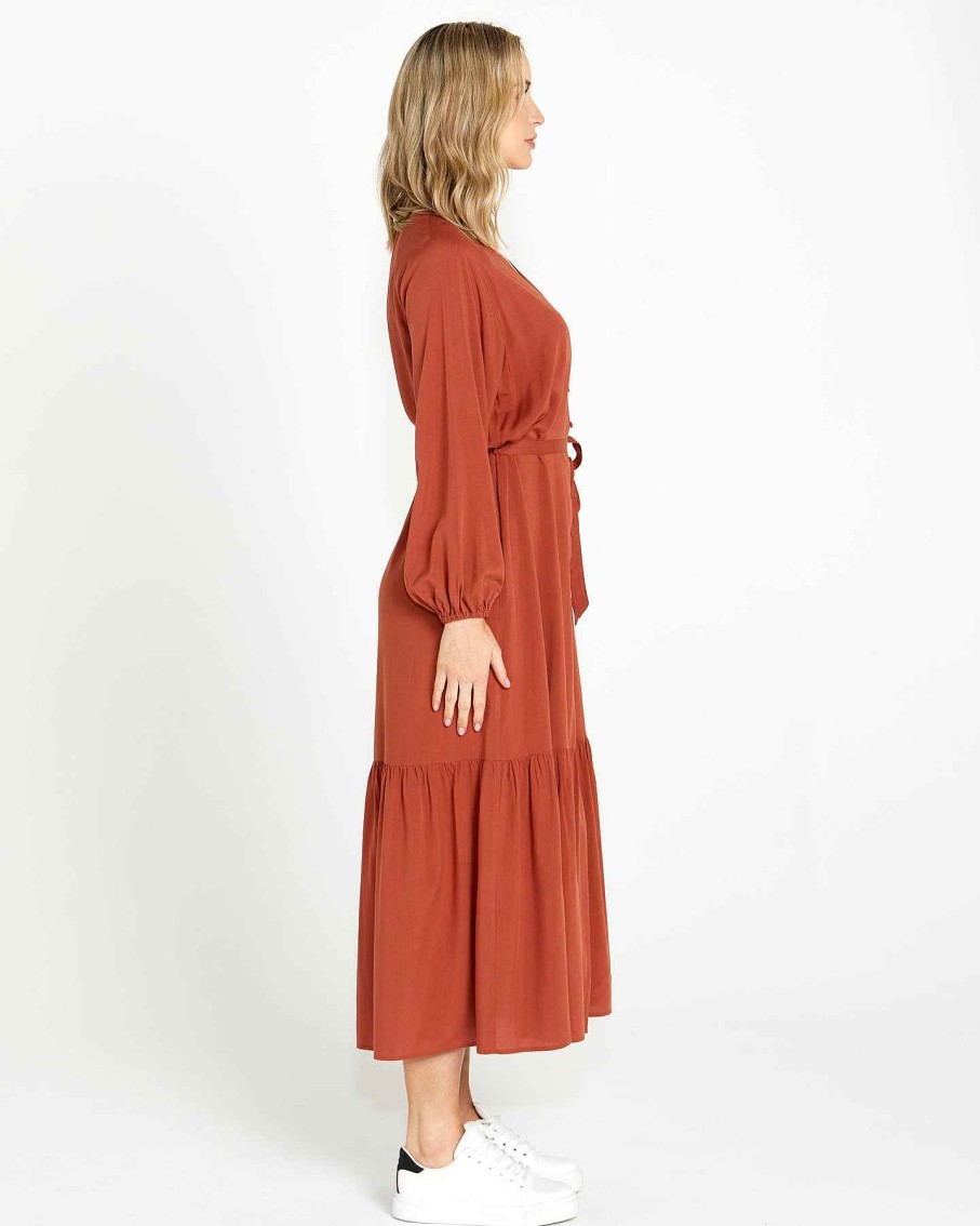 Clothing Sass Clothing | Brigitte Balloon Sleeve Maxi Dress Chestnut