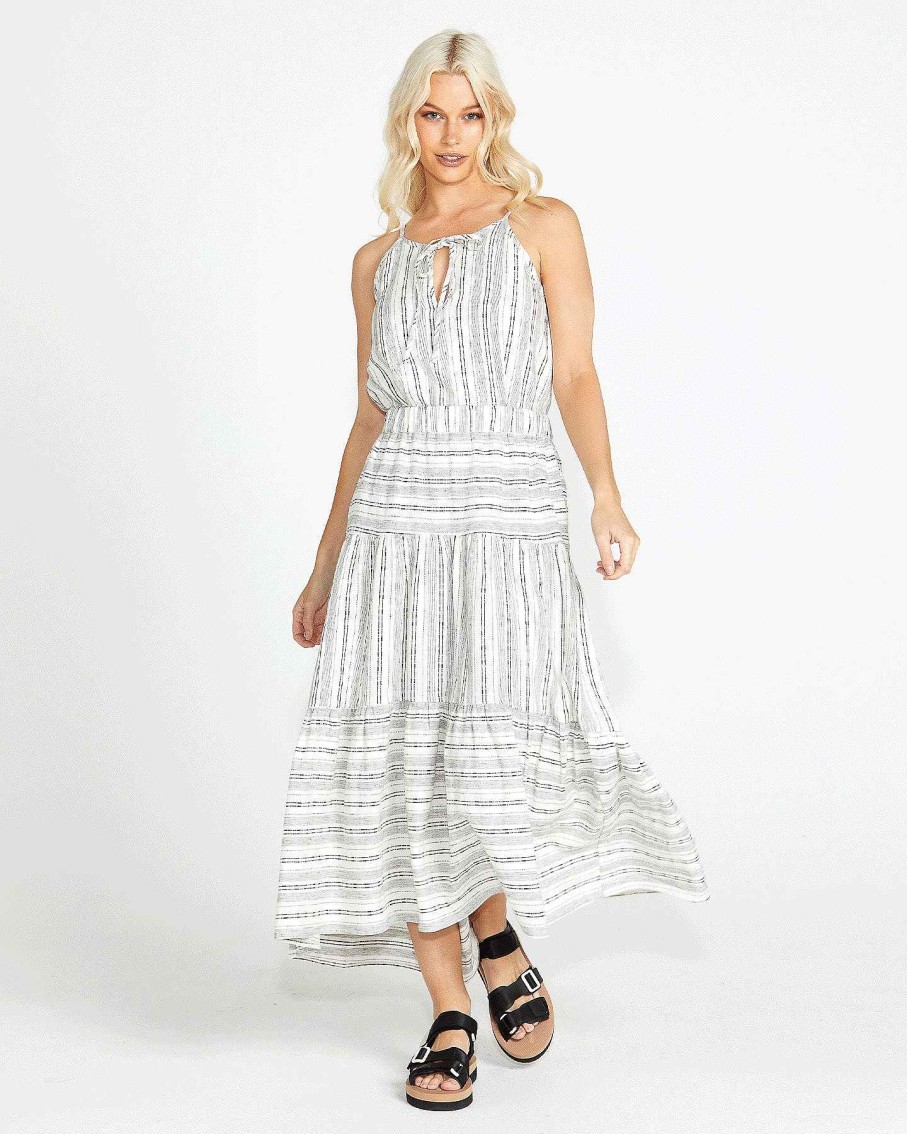 Clothing Sass Clothing | Riley Elastic Waist Tiered Maxi Skirt - White/Black Mono Stripe