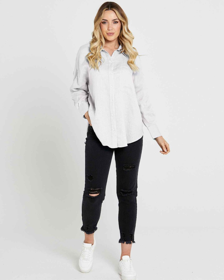 Clothing Sass Clothing | Teresa Linen Oversized Buttondown Shirt White