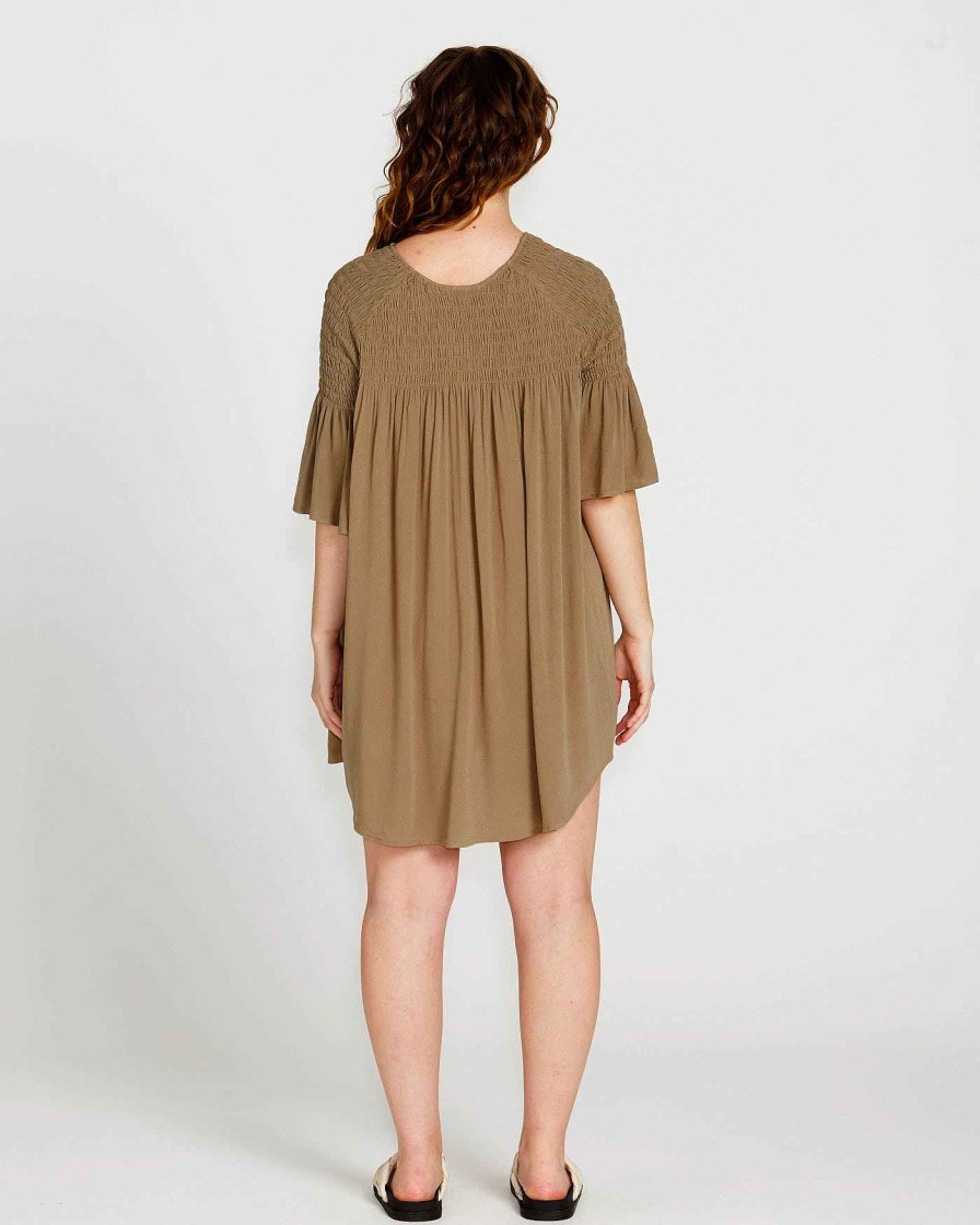 Clothing Sass Clothing | Portia Relaxed Smock Mini Dress Khaki