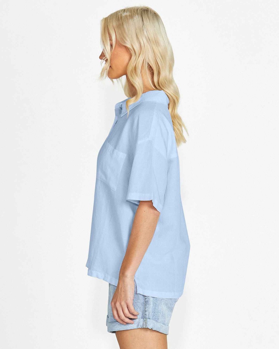 Clothing Sass Clothing | Selena Short Sleeve Button Up Linen-Blend Shirt Blue Chambray