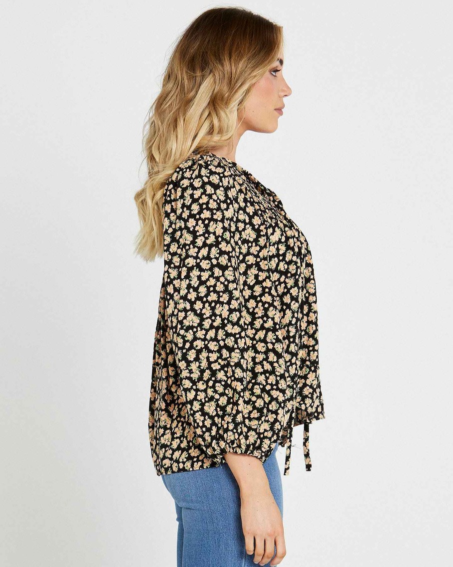 Clothing Sass Clothing | Tegan Shirred Boho Balloon Sleeve Top Black Floral Ditsy