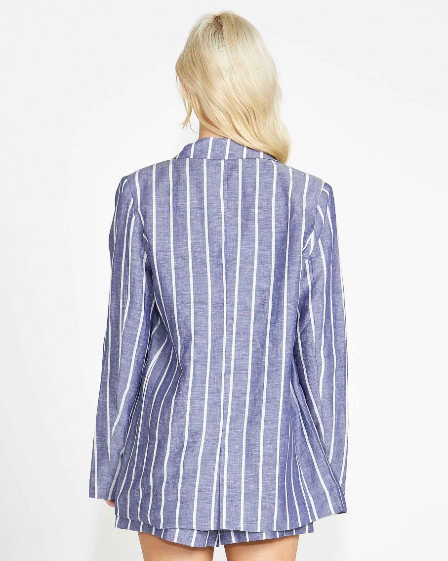 Clothing Sass Clothing | Lydia Striped Double Breasted Linen-Blend Blazer Navy Stripe